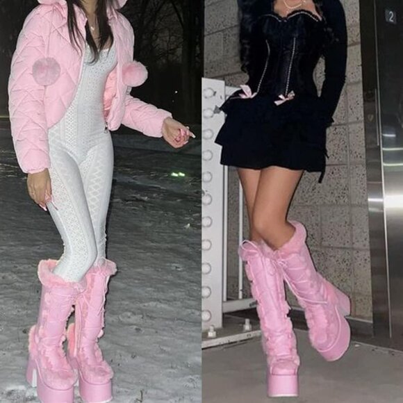 ⚡Womens Pink Synthetic Mid Calf Lace Up Chunky High Heel Warm Fur Snow Boots - Picture 3 of 6